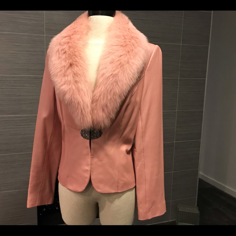 Gorgeous, Pink Leather Jacket! Dyed-Fox collar!